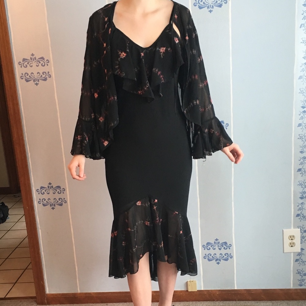 Long black ruffle embroidered dress